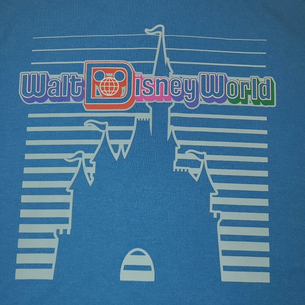 Disney Parks Women’s Medium Blue Retro Print Castle Cropped Hoodie Lightweight - Picture 2 of 7